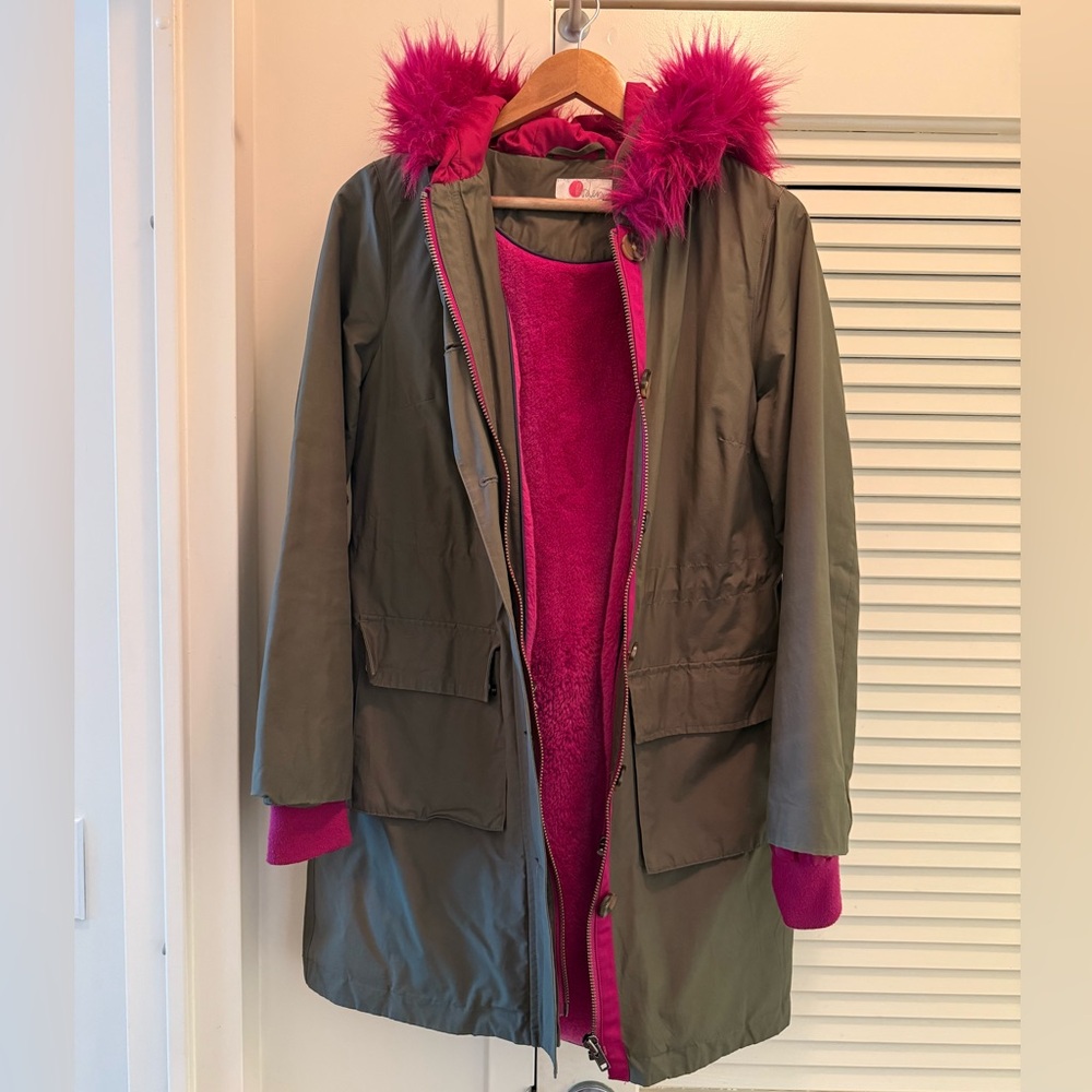 Boden Women's Green Parka with Pink Fur Trim